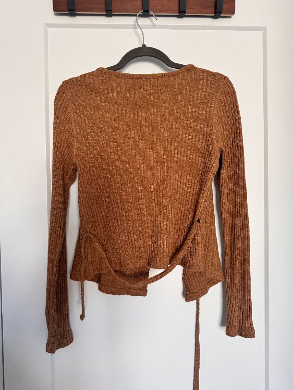 Everlane Cozy Rib Wrap Top | Cappuccino Brown | Balletcore Tie Front Sweater - Picture 9 of 9